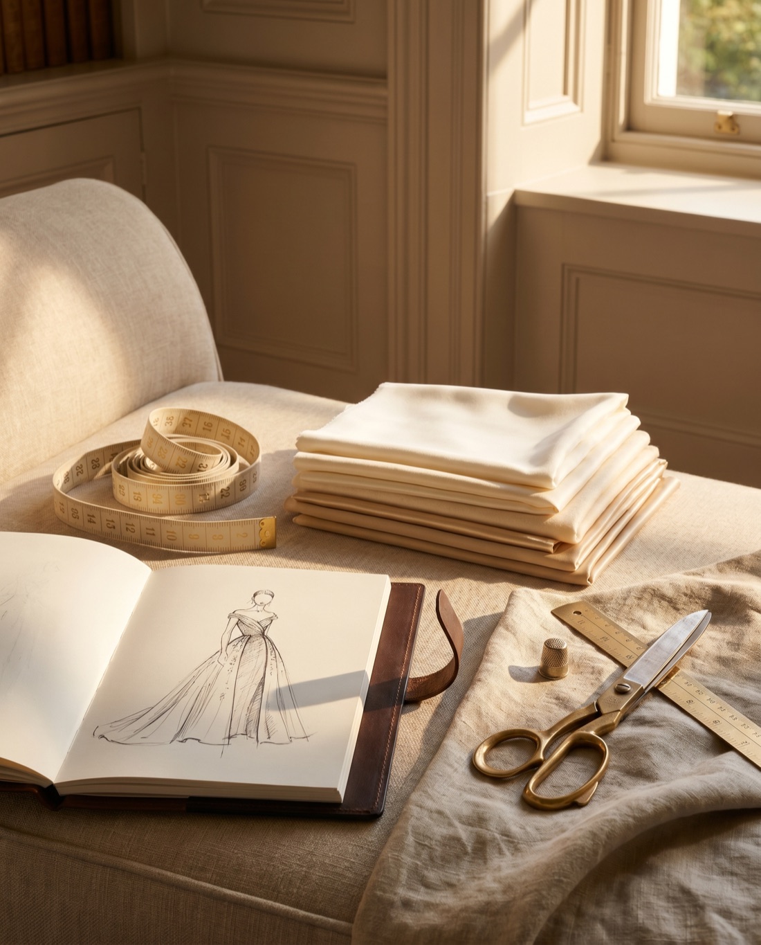 Designer's measuring tape, fabric swatches and a couture sketchbook arranged in a warm home interior